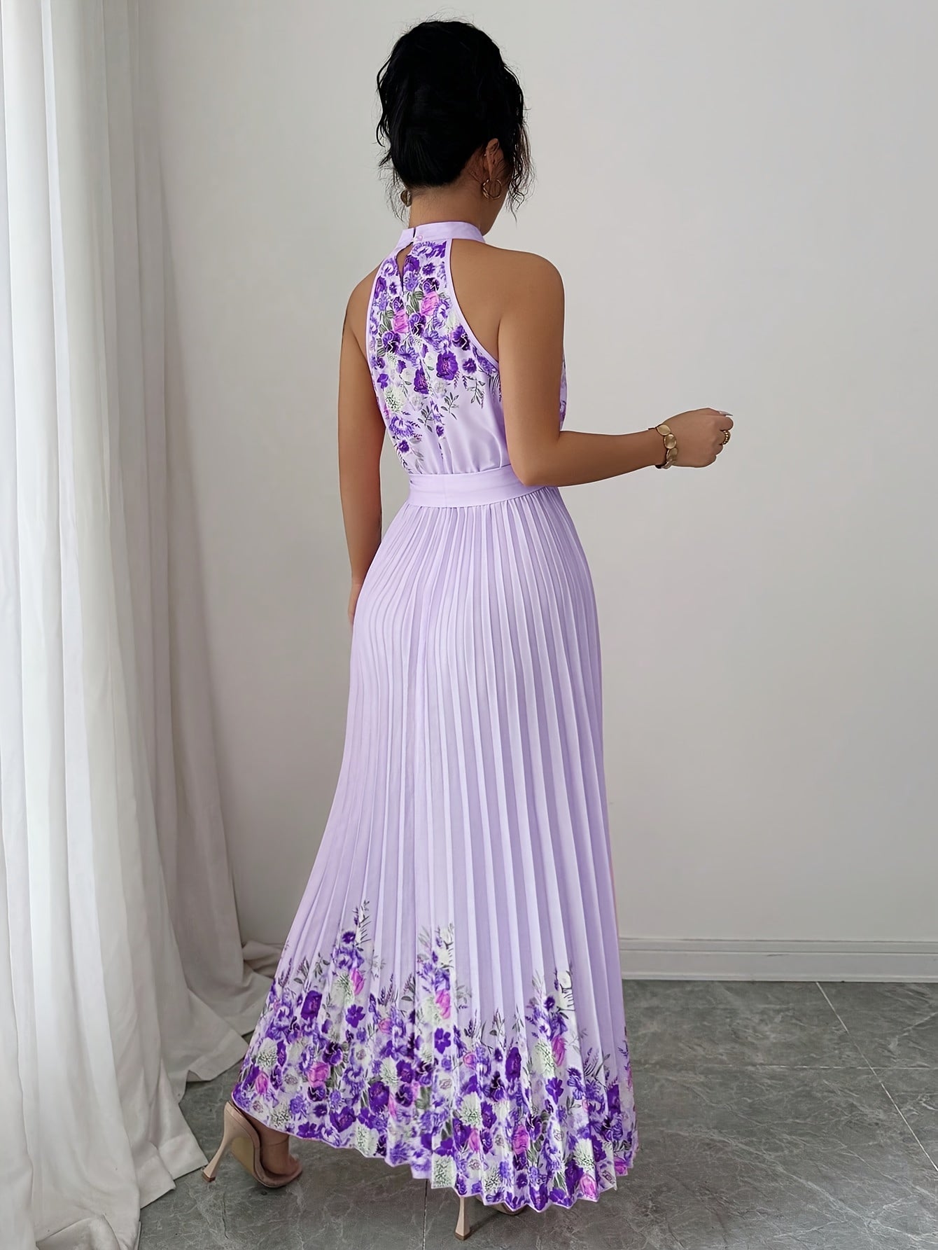 [Elegant Floral Print Dress] Women's Elegant Floral Print Sleeveless A-Line Dress - Vibrant Pink Round Neck Machine-Washable Spring/Summer Casual & Formal Wear, Floral Print Dress, No Stretch Fabric