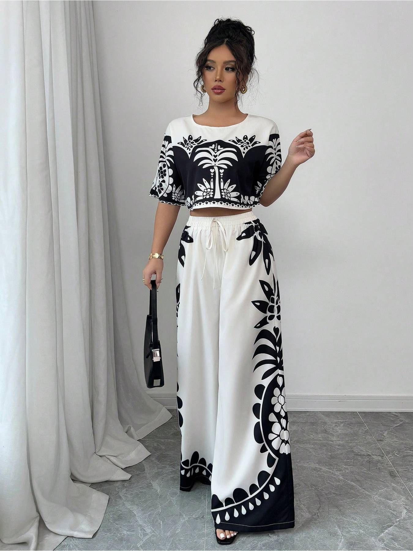 Digital Printing Positioning Floral Wide-Leg Pants Two-Piece Set