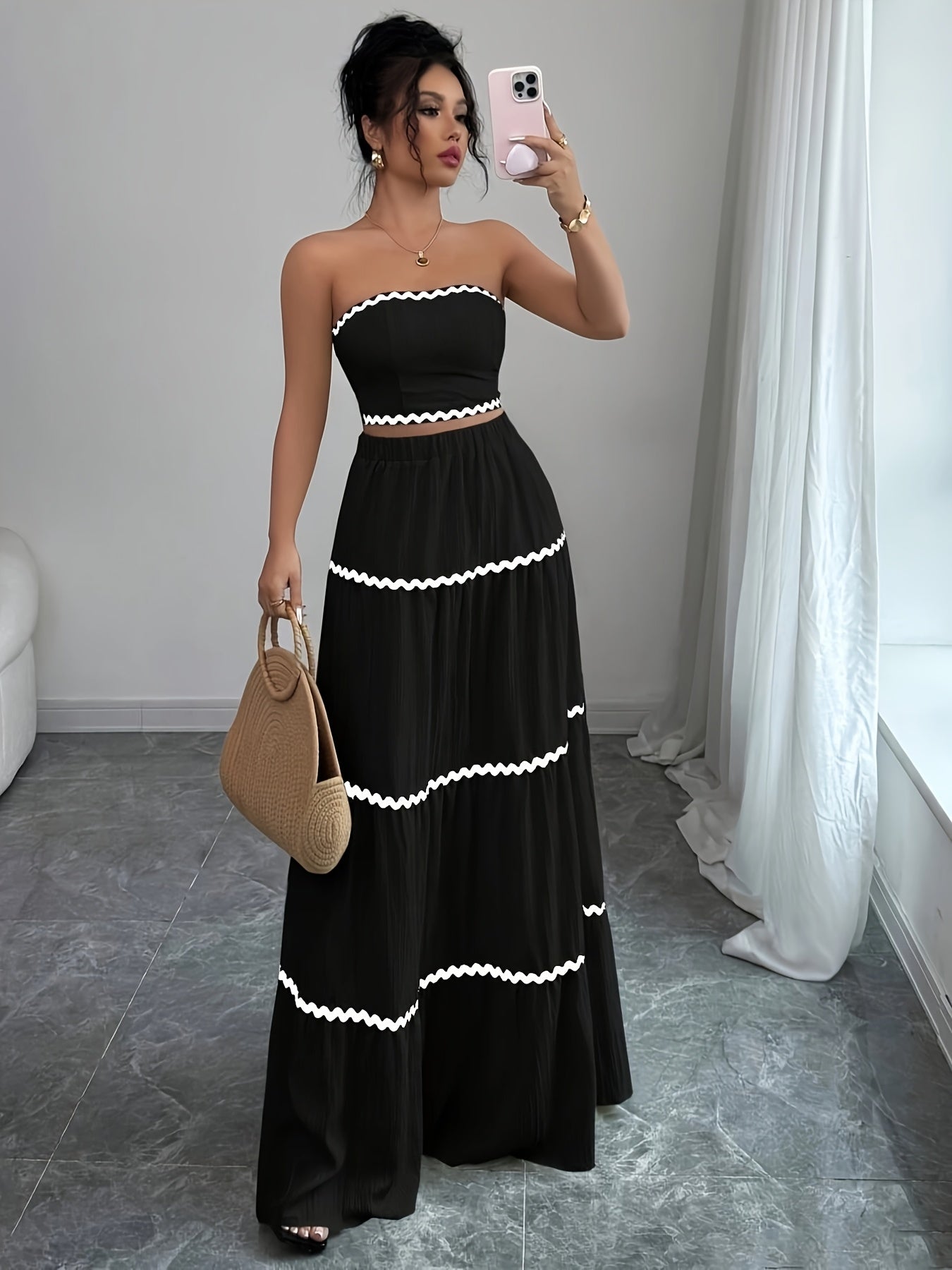 23246-0 Women'S Black and White Striped Maxi Skirt Set - Sleeveless, Tie-Back Detail, Casual Style, All-Season Wear, Casual Attire|Striped Skirt|Polyester Fabric