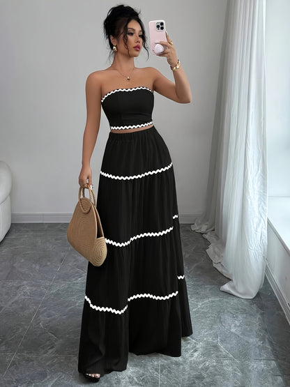 23246-0 Women'S Black and White Striped Maxi Skirt Set - Sleeveless, Tie-Back Detail, Casual Style, All-Season Wear, Casual Attire|Striped Skirt|Polyester Fabric