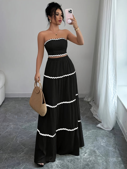 23246-0 Women'S Black and White Striped Maxi Skirt Set - Sleeveless, Tie-Back Detail, Casual Style, All-Season Wear, Casual Attire|Striped Skirt|Polyester Fabric