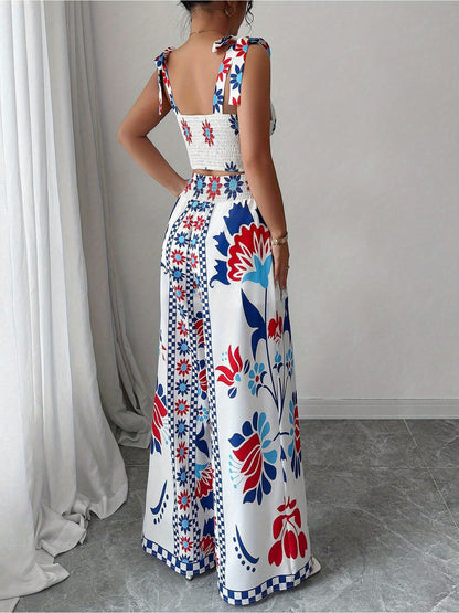 Women'S Elegant Geometric Print Wide-Leg Pantsuit - Sleeveless, Polyester, All-Season, Casual to Formal Attire, Casual Attire|Geometric Print Pantsuit|Polyester Fabric