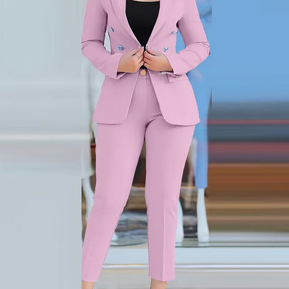 2025 New Women'S Casual Fashion Business Suit, Solid Color, V-Neck, Double-Breasted, Long Sleeve, Regular Length, with Button Details, for Adult, All-Season