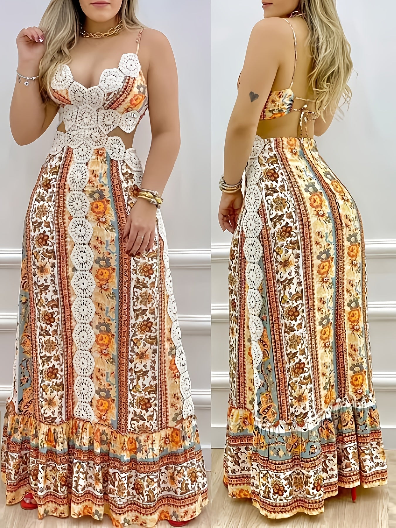 Women'S Elegant Backless Maxi Dress - Sexy Bohemian Floral Print in Orange/Beige/White/Black/Blue/ - Adjustable Drawstring Waist - Formal & Casual Party Wedding Outfit - Lightweight Summer Dress for Women, Dresses for Wedding