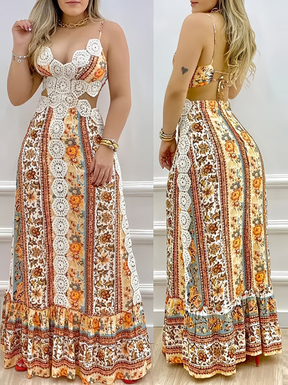 Women'S Elegant Backless Maxi Dress - Sexy Bohemian Floral Print in Orange/Beige/White/Black/Blue/ - Adjustable Drawstring Waist - Formal & Casual Party Wedding Outfit - Lightweight Summer Dress for Women, Dresses for Wedding