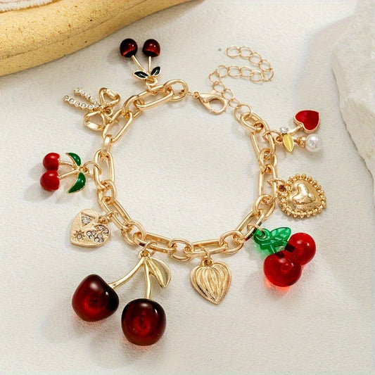 Women's Cherry Bracelet - Red & Golden-Tone Charms, Everyday & Formal Jewelry Gift for Birthdays, Anniversaries, Valentine's Day - Cute Cherry Jewelry for Women s, Cute Jewelry, Playful Design, Delicate Clasp