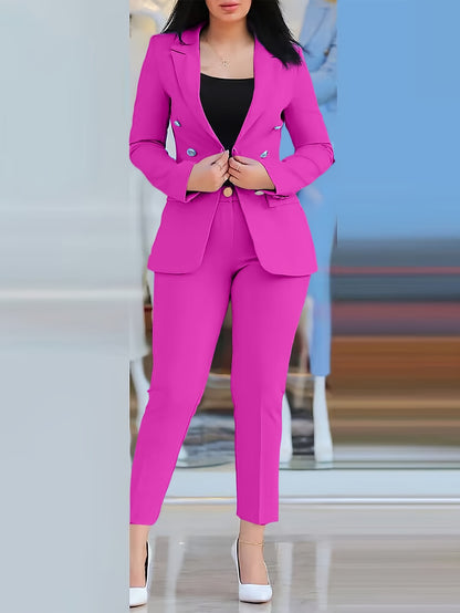 2025 New Women'S Casual Fashion Business Suit, Solid Color, V-Neck, Double-Breasted, Long Sleeve, Regular Length, with Button Details, for Adult, All-Season