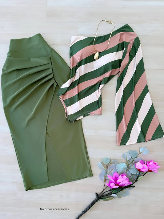 2pcs Striped Top + Green Skirt Set