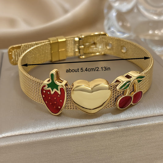 1pc Stainless Steel Vintage-Style Golden & Silvery Enamel Strawberry & Cherry Bracelet for Women, Men, - Exaggerated Statement Bangles, Perfect for Daily Wear, Parties, and Gifts, Cute Bracelet