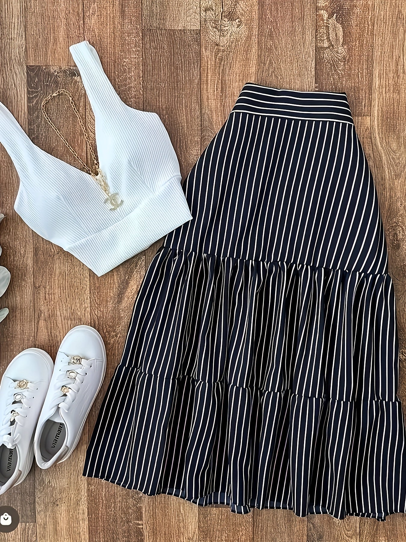 Elegant 2pcs Set for Women - Chic V-Neck Pleated High Waist Wide Skirt with Suspender Vest, Striped Skirt, All-Season Fashion, Casual Attire|Vneck Top|Suspender Vest, Vacation Outfit|Vacation Ready|Vacation Essentials, Vacati
