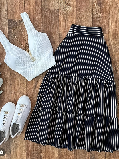 Elegant 2pcs Set for Women - Chic V-Neck Pleated High Waist Wide Skirt with Suspender Vest, Striped Skirt, All-Season Fashion, Casual Attire|Vneck Top|Suspender Vest, Vacation Outfit|Vacation Ready|Vacation Essentials, Vacati