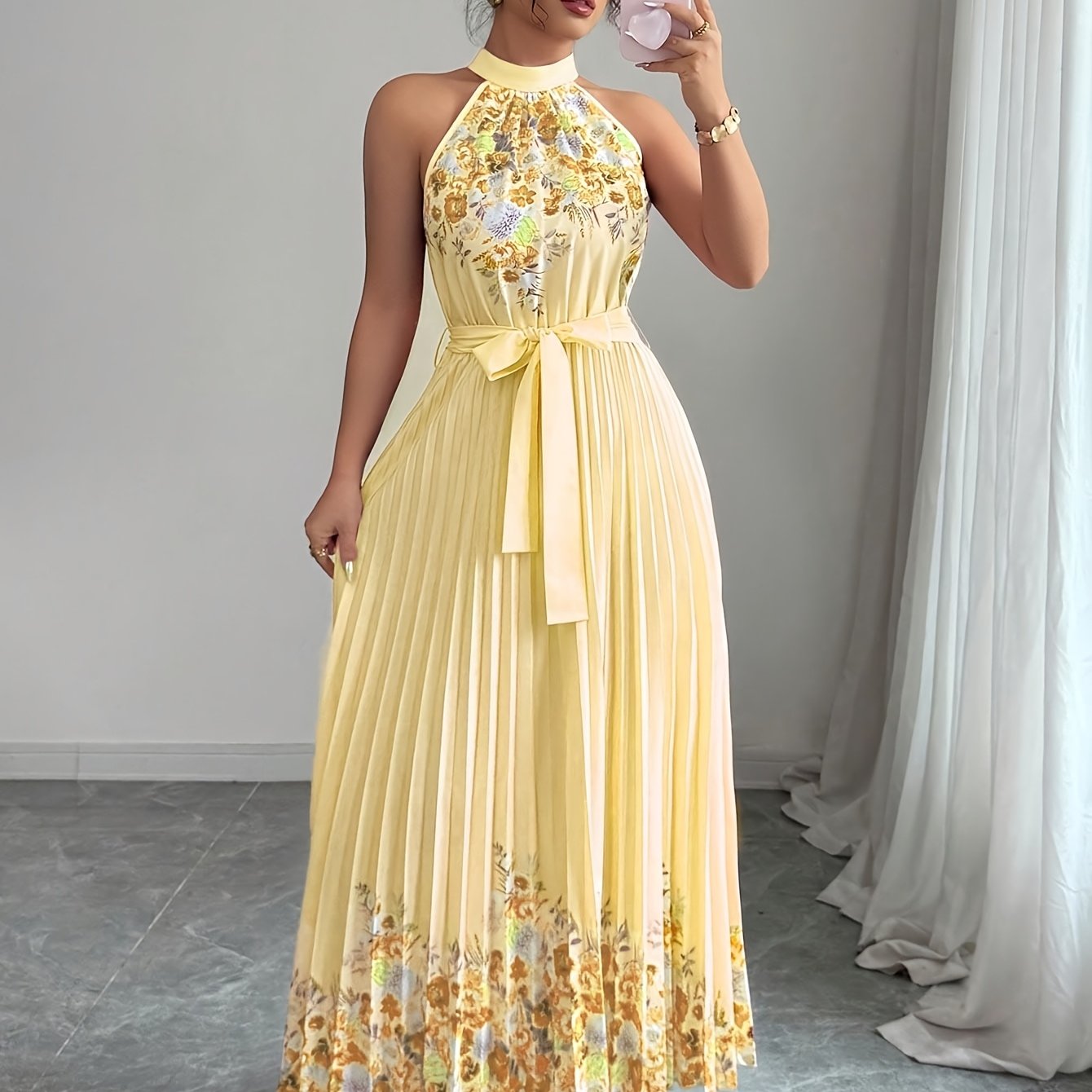 [Elegant Floral Print Dress] Women's Elegant Floral Print Sleeveless A-Line Dress - Vibrant Pink Round Neck Machine-Washable Spring/Summer Casual & Formal Wear, Floral Print Dress, No Stretch Fabric