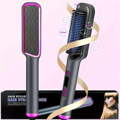 [10s Fast Hair Straightener] Fast 10s Hair Straightener Brush | LCD Display, Negative Ions, 5 Temps, Anti-Scald, Quilted Grip Design | Pink & Purple Accents, Sleek Black Finish
