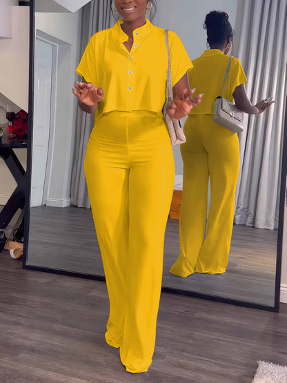 [Summer|Casual] 2pcs Women's Summer Casual | Short Sleeve Button Crop Top Wide Leg Long Pant Lounge Sets