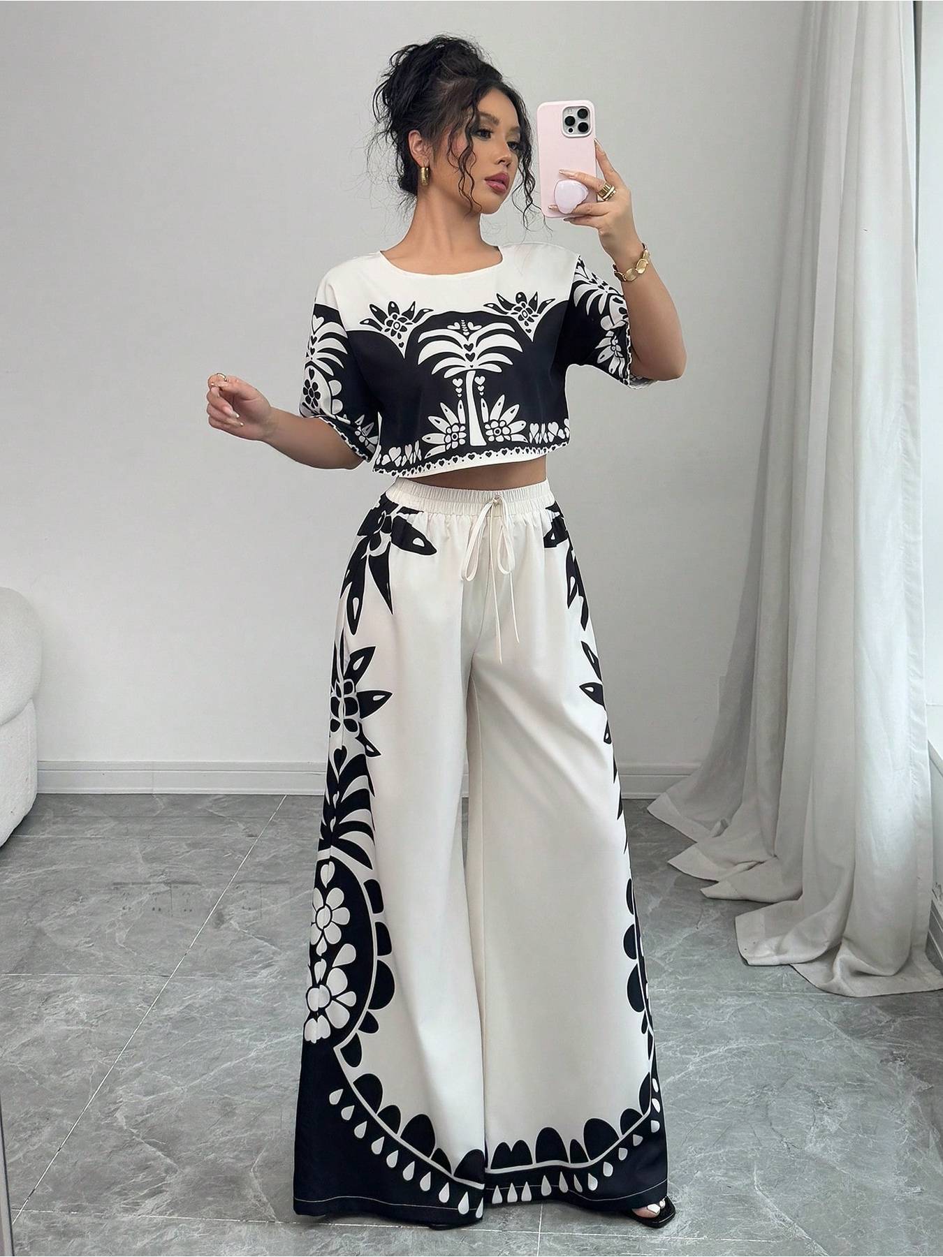 Digital Printing Positioning Floral Wide-Leg Pants Two-Piece Set