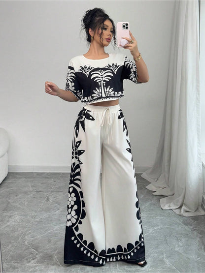 Digital Printing Positioning Floral Wide-Leg Pants Two-Piece Set