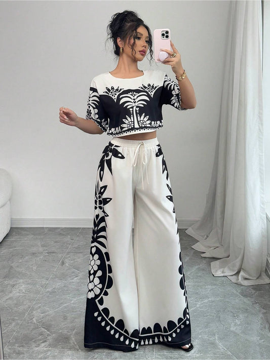 Digital Printing Positioning Floral Wide-Leg Pants Two-Piece Set