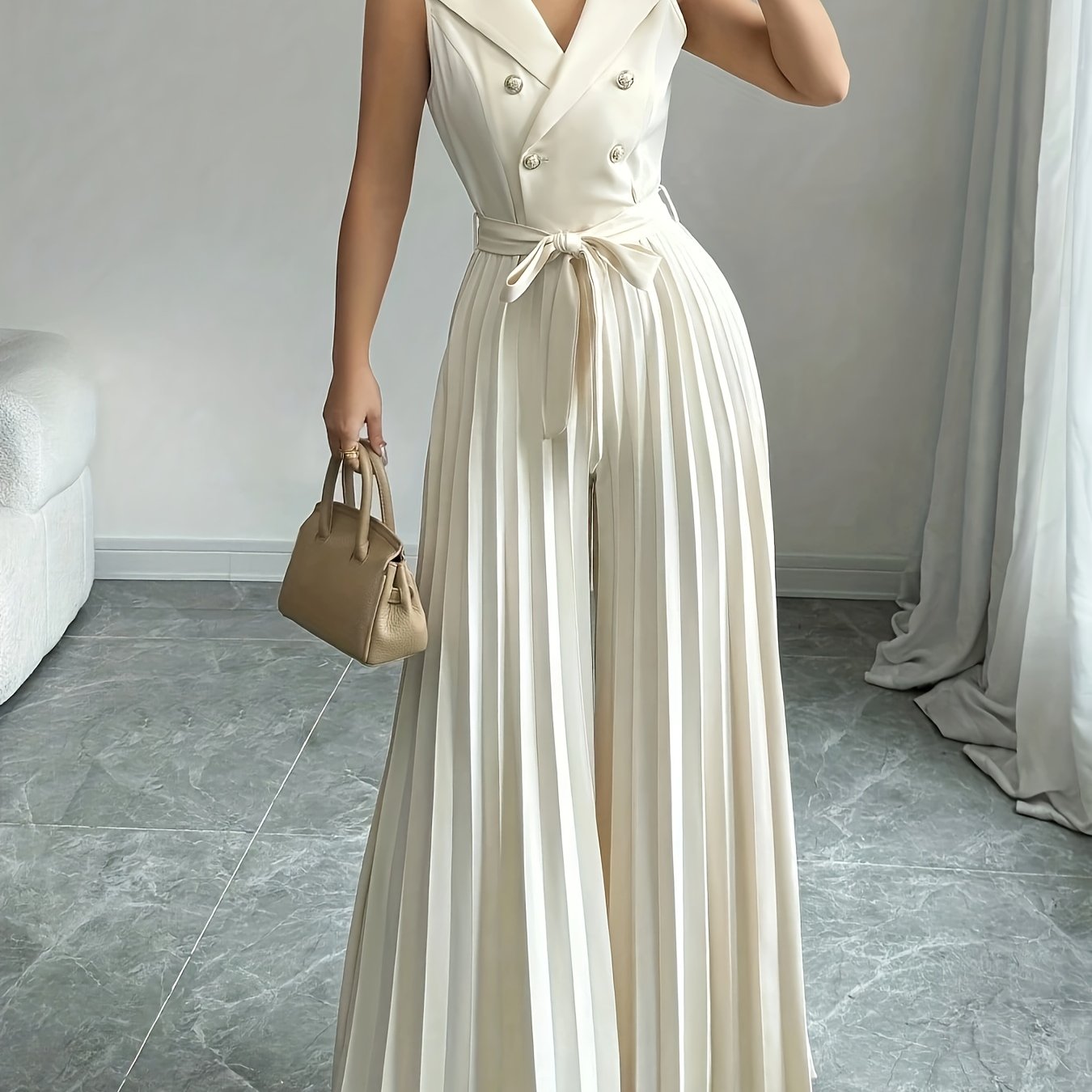 [Elegant Jumpsuit] Sleeveless Elegant Apricot Double-Breasted Pleated Jumpsuit for Women | High-Waisted, Polyester Blend, Perfect for Spring & Fall, Adult Size