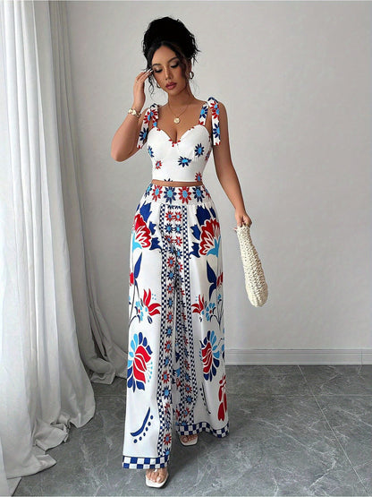 Women'S Elegant Geometric Print Wide-Leg Pantsuit - Sleeveless, Polyester, All-Season, Casual to Formal Attire, Casual Attire|Geometric Print Pantsuit|Polyester Fabric