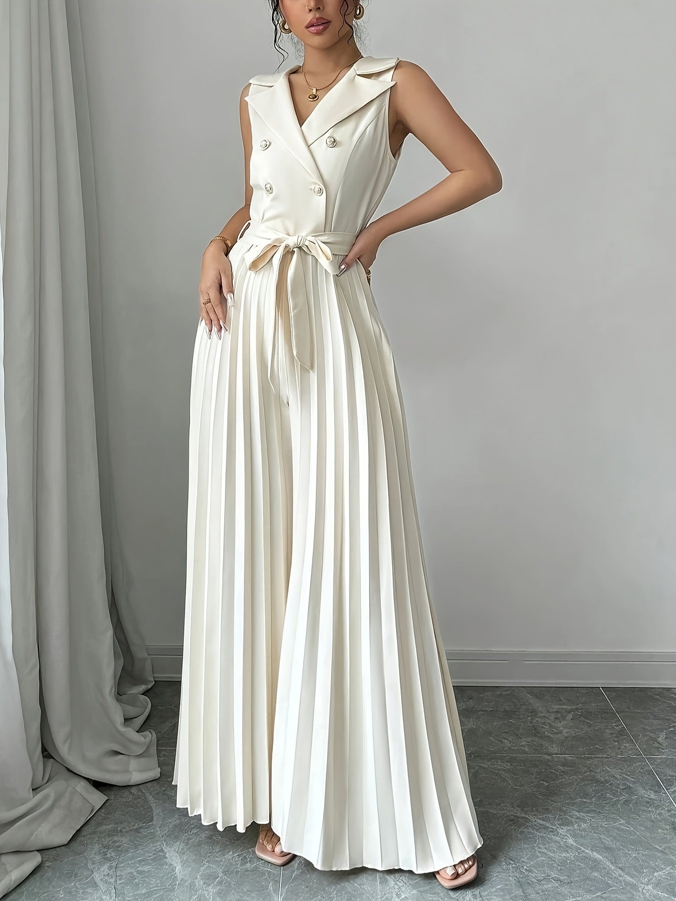 [Elegant Jumpsuit] Sleeveless Elegant Apricot Double-Breasted Pleated Jumpsuit for Women | High-Waisted, Polyester Blend, Perfect for Spring & Fall, Adult Size