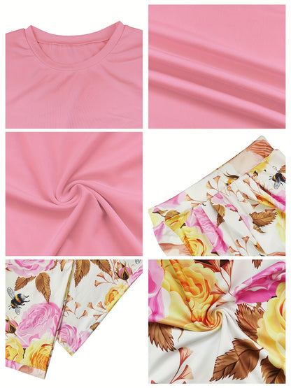 Women's Short-sleeved Wide-leg Pants Set with Floral Print Two-piece Casual Comfortable Elastic Set