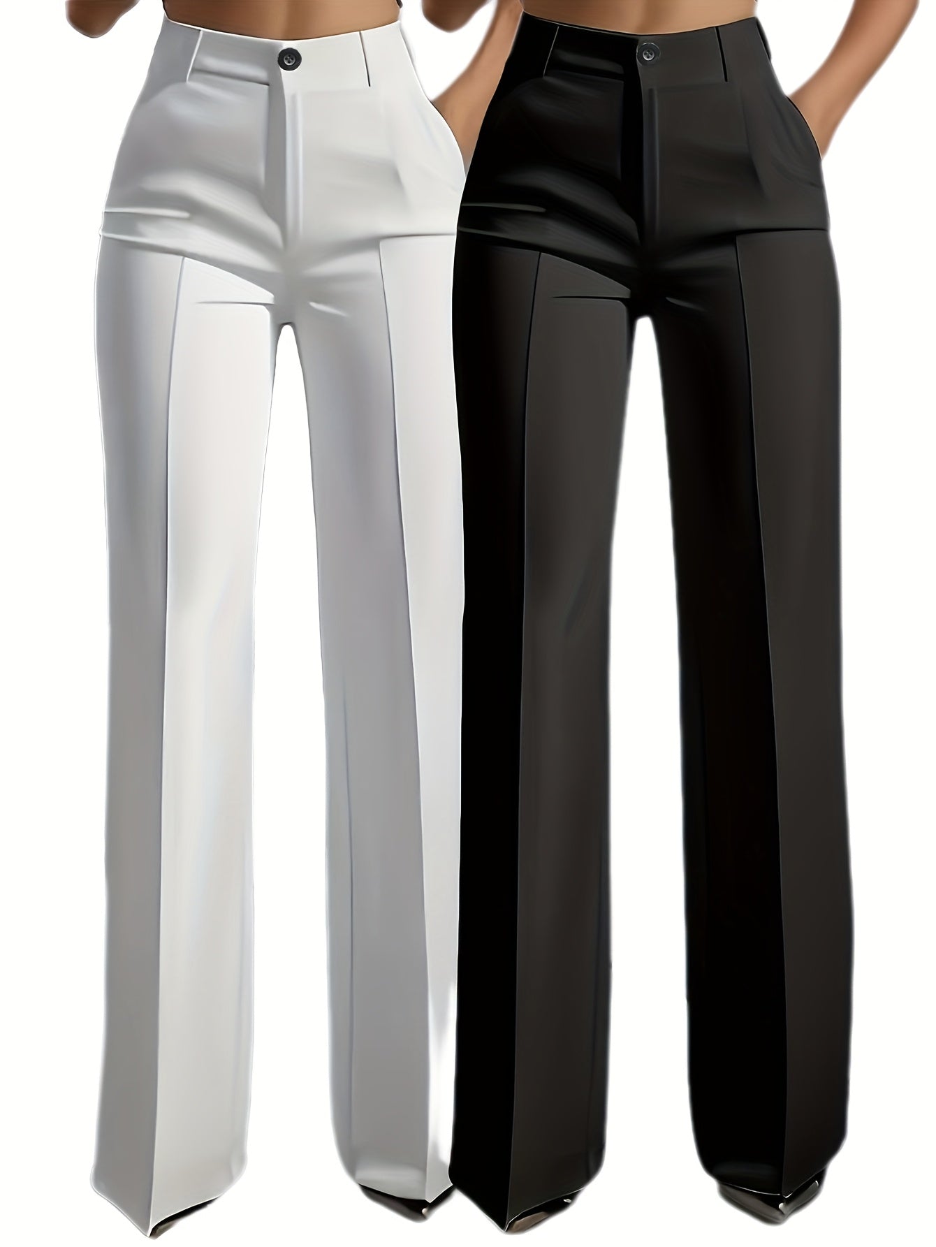 Set of Two Elegant Solid Color Straight-Leg Pants for Women with Slant Pockets.