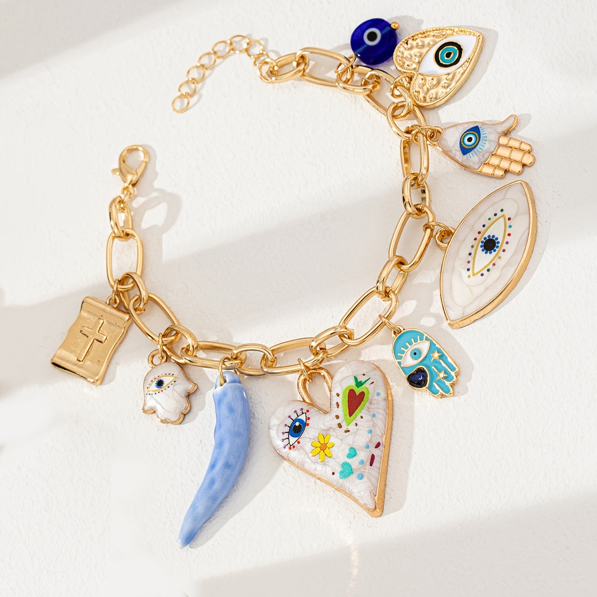 1pc Elegant Zinc Alloy Bracelet with Evil Eye, Hamasa Hand, Glass Beads & Cross Charm - Versatile Party Accessory for Women, Ideal for Music Festivals - All Seasons Wear
