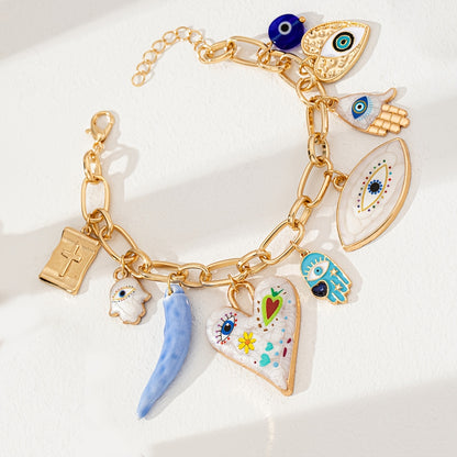 1pc Elegant Zinc Alloy Bracelet with Evil Eye, Hamasa Hand, Glass Beads & Cross Charm - Versatile Party Accessory for Women, Ideal for Music Festivals - All Seasons Wear