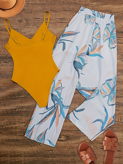 Orange Jumpsuit + Plant Print Pants Set