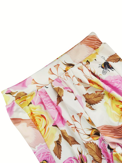 Women's Short-sleeved Wide-leg Pants Set with Floral Print Two-piece Casual Comfortable Elastic Set
