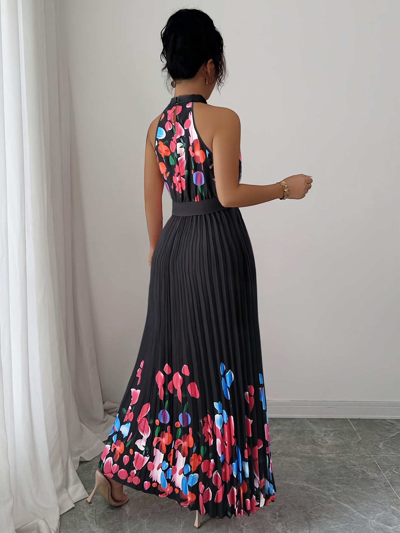 [Elegant Floral Print Dress] Women's Elegant Floral Print Sleeveless A-Line Dress - Vibrant Pink Round Neck Machine-Washable Spring/Summer Casual & Formal Wear, Floral Print Dress, No Stretch Fabric