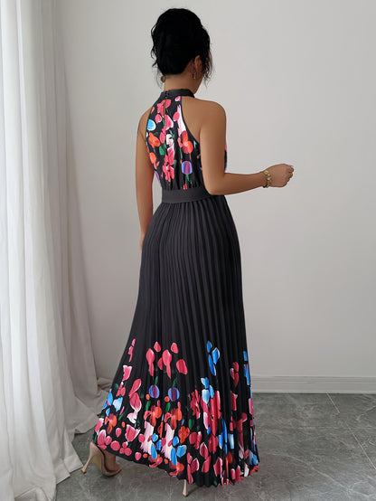 [Elegant Floral Print Dress] Women's Elegant Floral Print Sleeveless A-Line Dress - Vibrant Pink Round Neck Machine-Washable Spring/Summer Casual & Formal Wear, Floral Print Dress, No Stretch Fabric