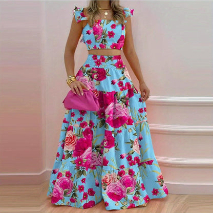 2025 Spring New European and American Commuting Mid-Waist Sexy Suspenders Large Swing Skirt Fashion Suit Women's Two-Piece Set