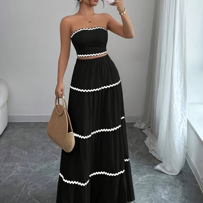 23246-0 Women'S Black and White Striped Maxi Skirt Set - Sleeveless, Tie-Back Detail, Casual Style, All-Season Wear, Casual Attire|Striped Skirt|Polyester Fabric
