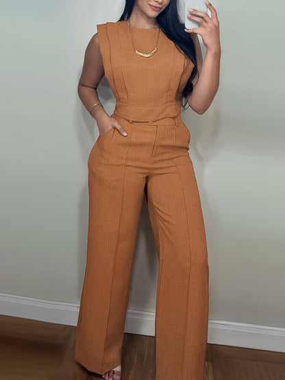 [Casual Top Set] 2pcs Crop Top And Straight Pants Set | Round Neck Cap Sleeve Casual Pocket Design