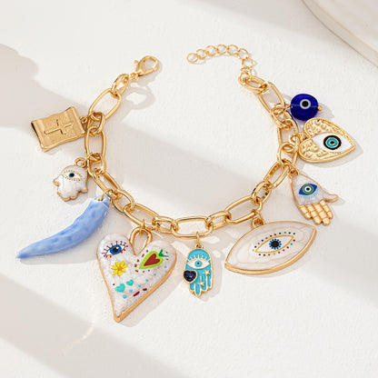 1pc Elegant Zinc Alloy Bracelet with Evil Eye, Hamasa Hand, Glass Beads & Cross Charm - Versatile Party Accessory for Women, Ideal for Music Festivals - All Seasons Wear