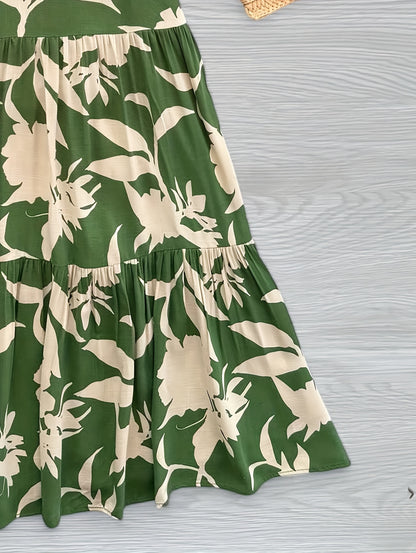 [Floral Maxi Dress] Lightweight Polyester Elegant Green & White Floral Print Sleeveless Maxi Dress with Tie Waist | Ruffled Hem, Perfect for Spring/Summer, Adult Women's Fashion