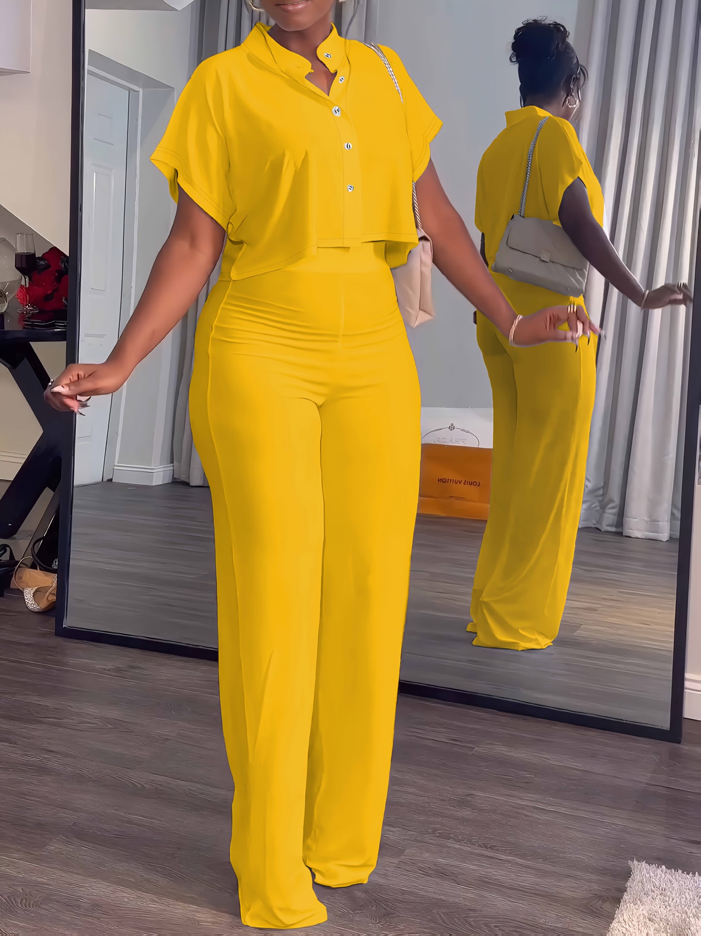 [Summer|Casual] 2pcs Women's Summer Casual | Short Sleeve Button Crop Top Wide Leg Long Pant Lounge Sets