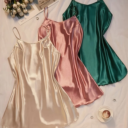3pcs Comfortable Solid Color Satin Sleeping Skirt Non Elastic Soft Fabric Sexy V-neck Strap Skirt Home Sleeping Skirt