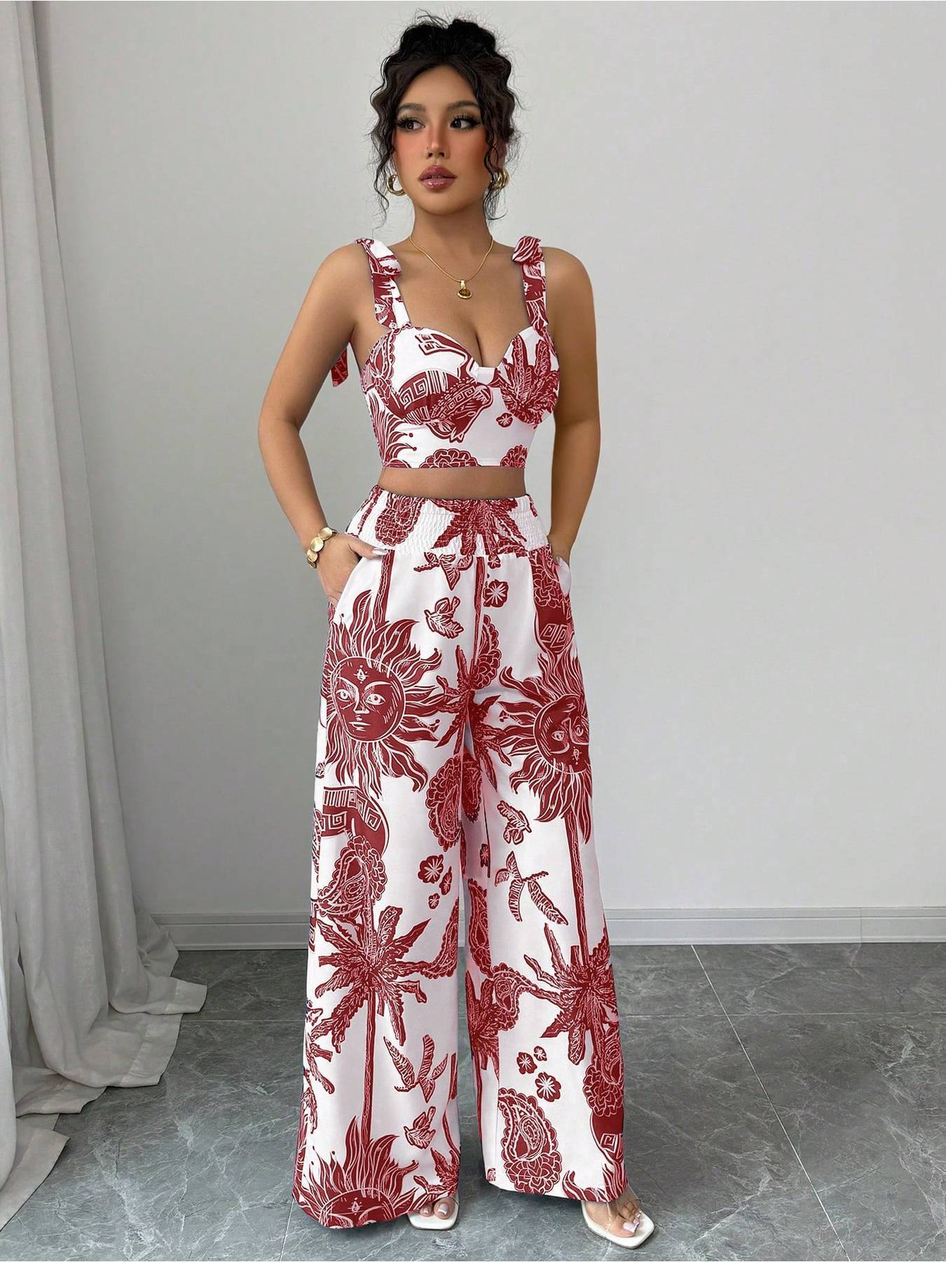 Digital Printing Random Printing Vest Wide Leg Pants Two-Piece Set