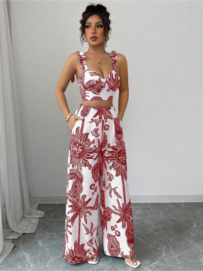 Digital Printing Random Printing Vest Wide Leg Pants Two-Piece Set