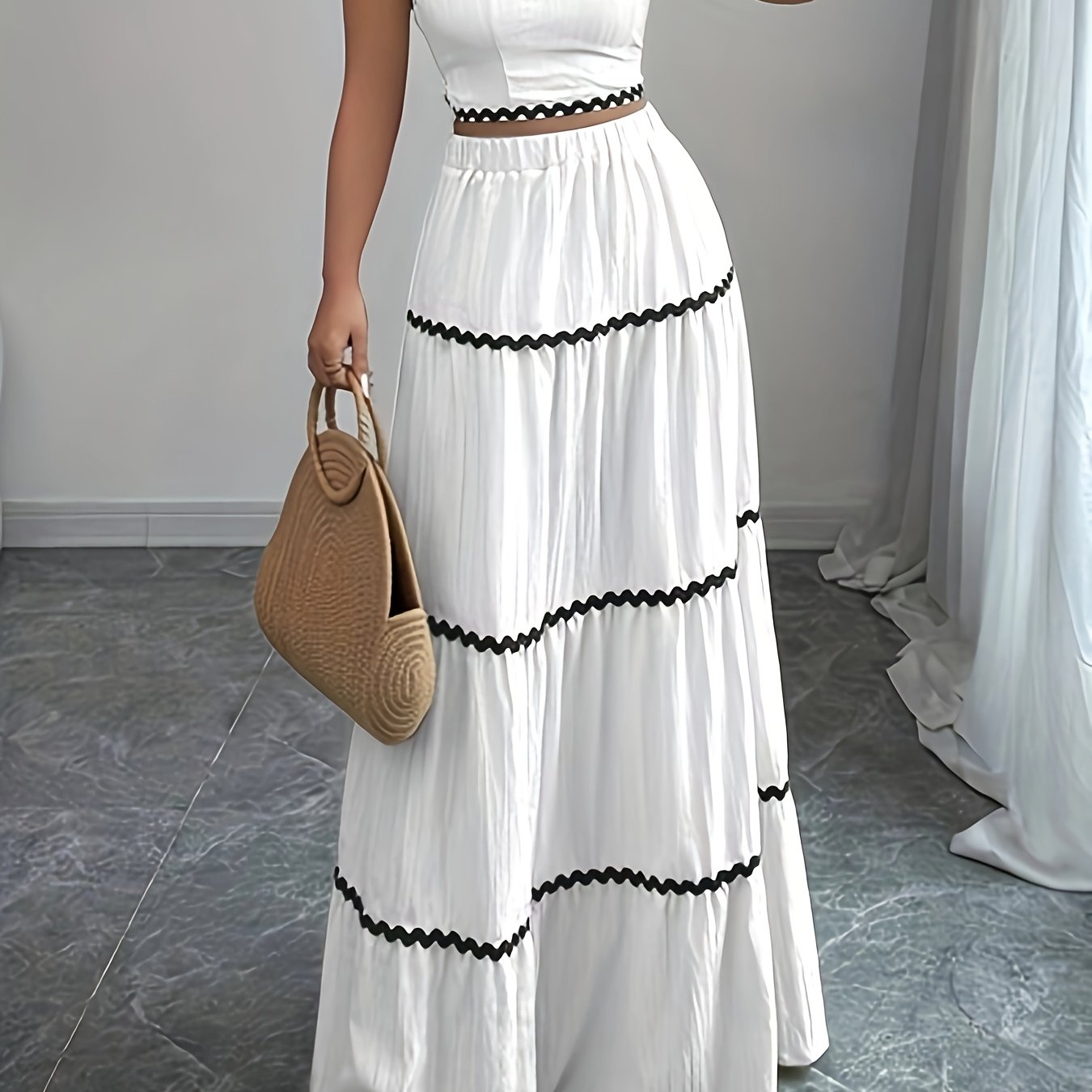 23246-0 Women'S Black and White Striped Maxi Skirt Set - Sleeveless, Tie-Back Detail, Casual Style, All-Season Wear, Casual Attire|Striped Skirt|Polyester Fabric