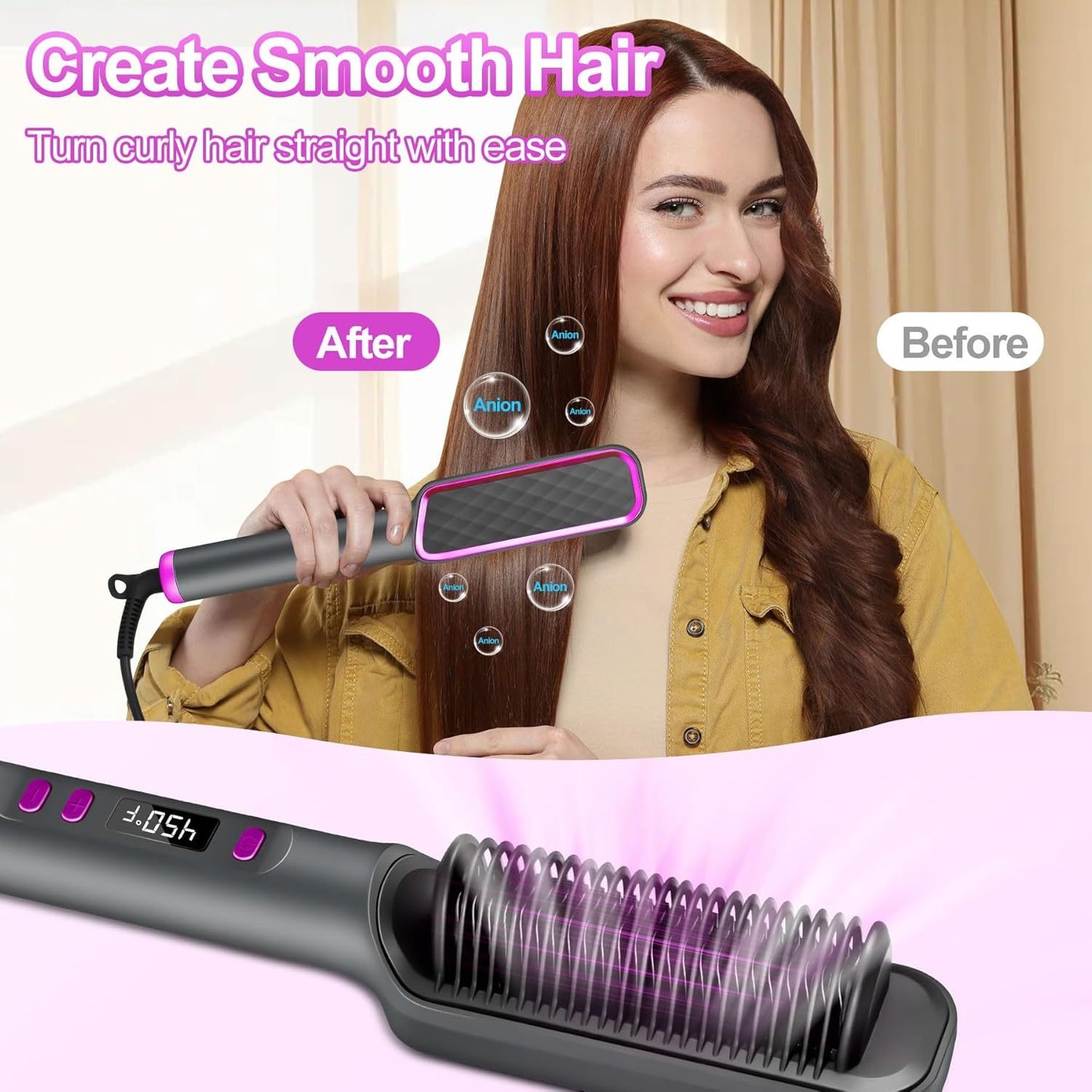 [10s Fast Hair Straightener] Fast 10s Hair Straightener Brush | LCD Display, Negative Ions, 5 Temps, Anti-Scald, Quilted Grip Design | Pink & Purple Accents, Sleek Black Finish
