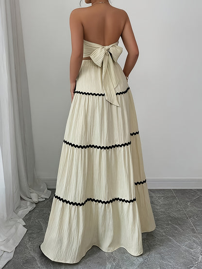 23246-0 Women'S Black and White Striped Maxi Skirt Set - Sleeveless, Tie-Back Detail, Casual Style, All-Season Wear, Casual Attire|Striped Skirt|Polyester Fabric