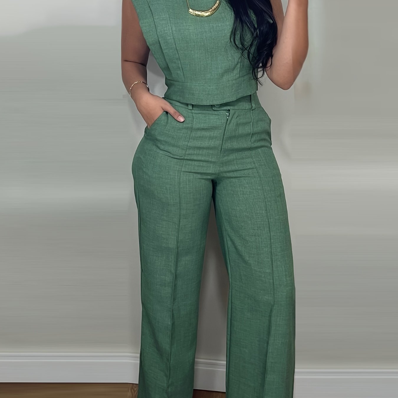 [Casual Top Set] 2pcs Crop Top And Straight Pants Set | Round Neck Cap Sleeve Casual Pocket Design