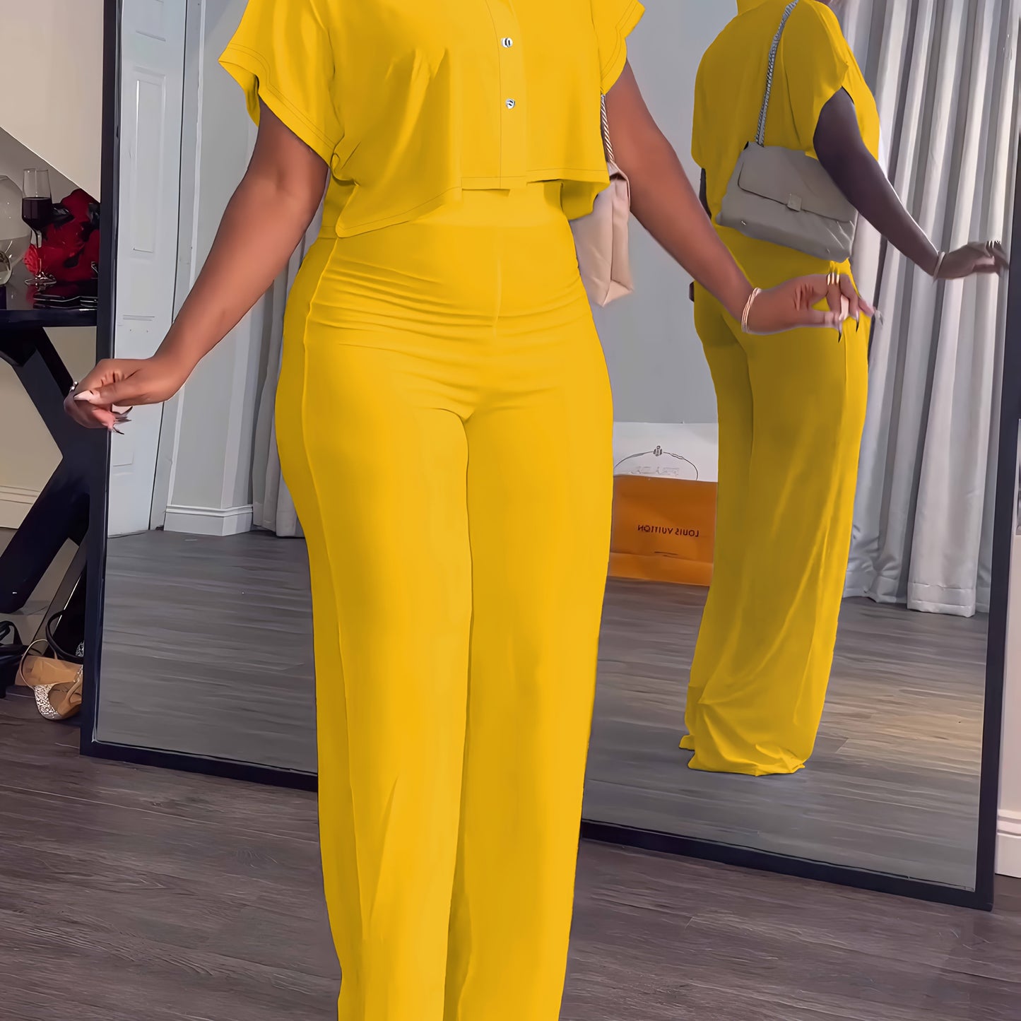 [Summer|Casual] 2pcs Women's Summer Casual | Short Sleeve Button Crop Top Wide Leg Long Pant Lounge Sets