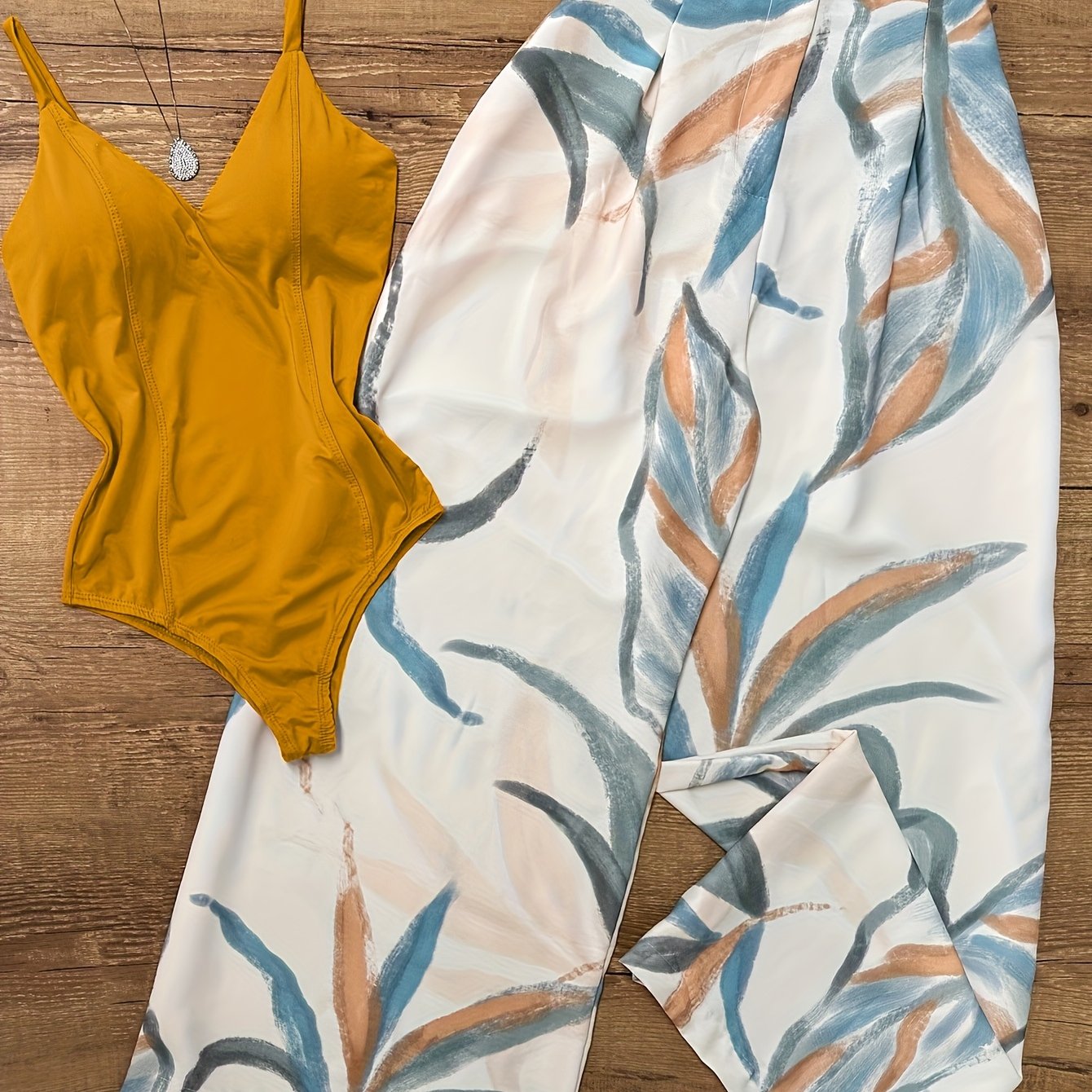 Orange Jumpsuit + Plant Print Pants Set