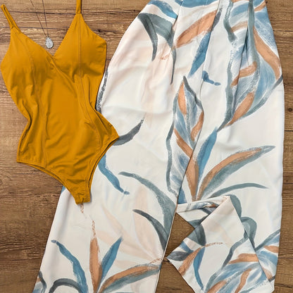 Orange Jumpsuit + Plant Print Pants Set
