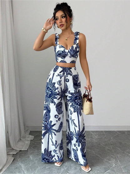 Digital Printing Random Printing Vest Wide Leg Pants Two-Piece Set