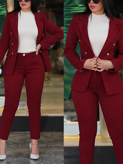 2025 New Women'S Casual Fashion Business Suit, Solid Color, V-Neck, Double-Breasted, Long Sleeve, Regular Length, with Button Details, for Adult, All-Season